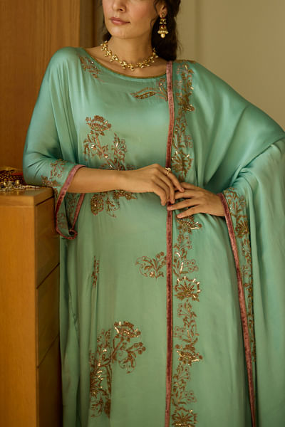 Blue floral embroidered dupatta