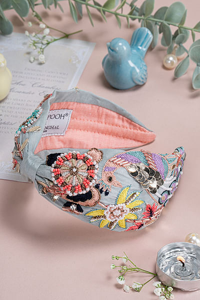 Blue floral embroidered headband