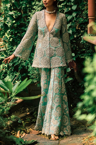 Blue floral embroidered jacket set