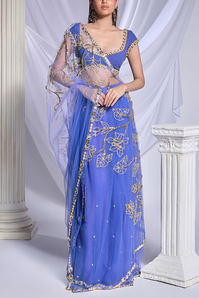 Blue floral embroidered pre-stitched sari set