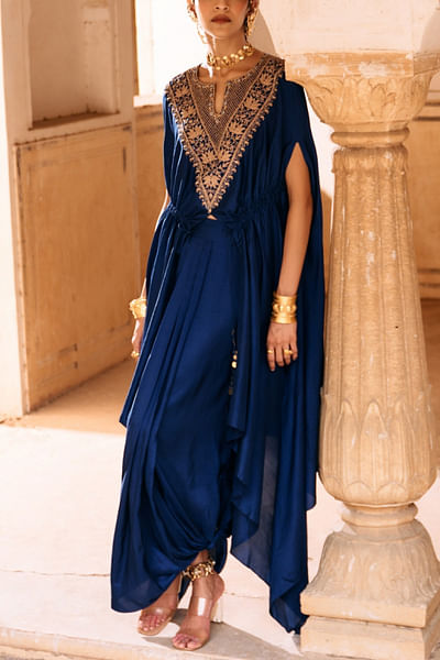 Blue floral embroidered tunic and draped skirt