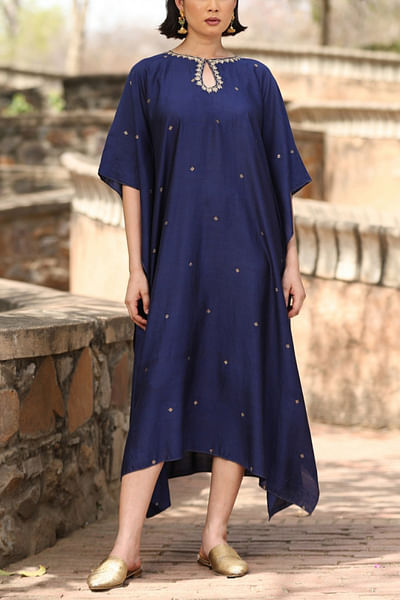 Blue floral embroidered woven kaftan