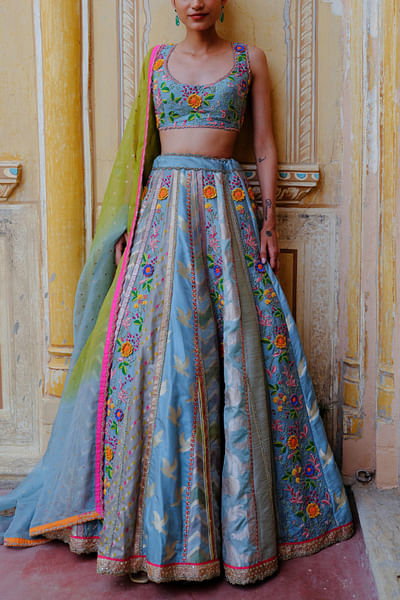 Blue floral embroidered woven lehenga set