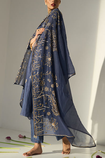 Blue floral embroidery dupatta