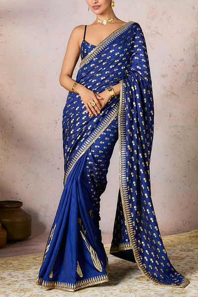 Blue floral foil printed sari set