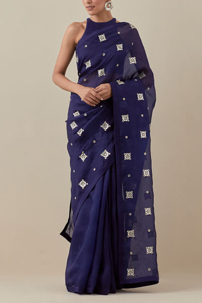 Blue floral hand embroidery sari set