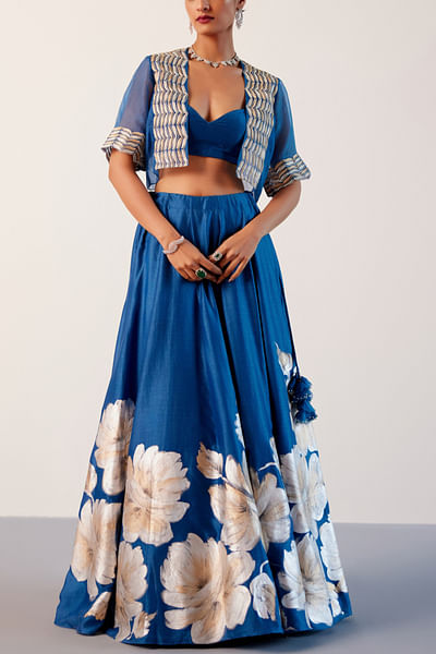 Blue floral hand painted lehenga set