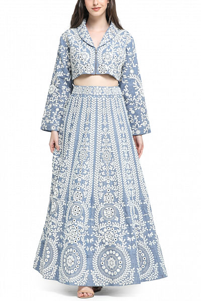Blue floral mirror embroidered skirt set