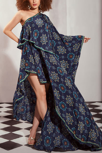 Blue floral mosaic printed one-shoulder dress