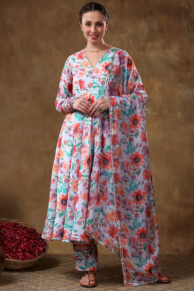 Blue floral print anarkali set