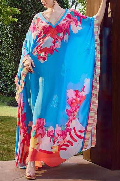 Blue floral print crepe kaftan