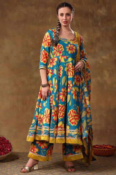Blue floral printed anarkali set