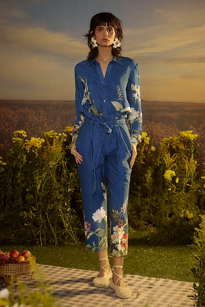 Blue floral printed denim co-ords