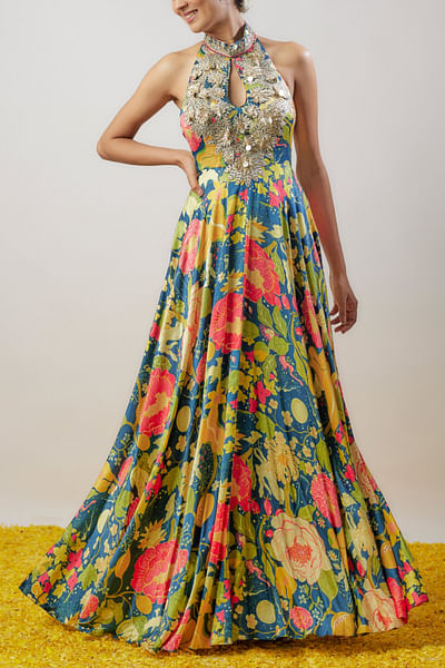 Blue floral printed halter gown
