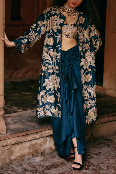 Blue floral printed jacket and draped skirt set