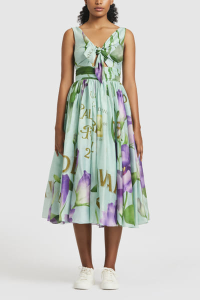 Blue floral printed knotted midi dress