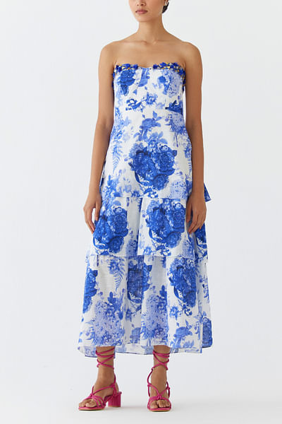 Blue floral printed layered dress