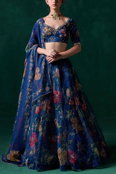 Blue floral printed lehenga set