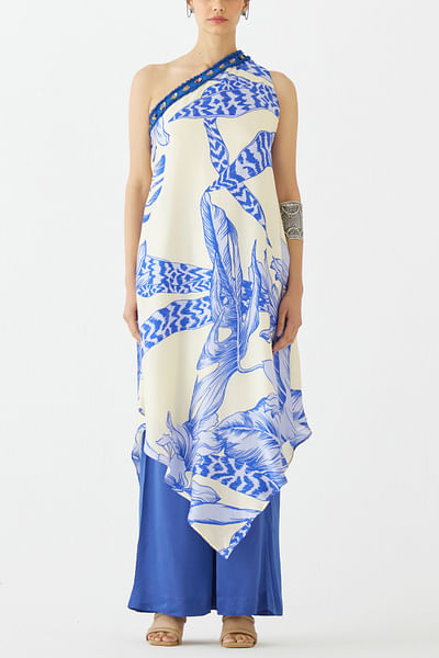 Blue floral printed one-shoulder kurta set