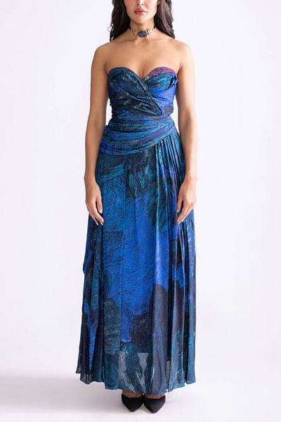 Blue floral printed pleated strapless dress