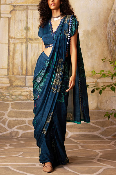 Blue floral printed pre-draped sari set