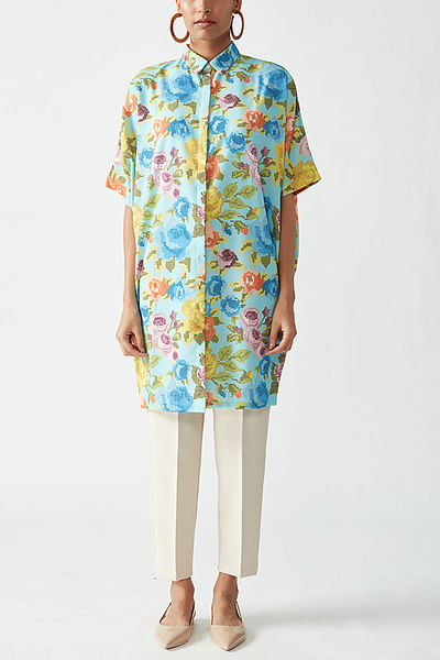 Blue floral printed shirt-style tunic