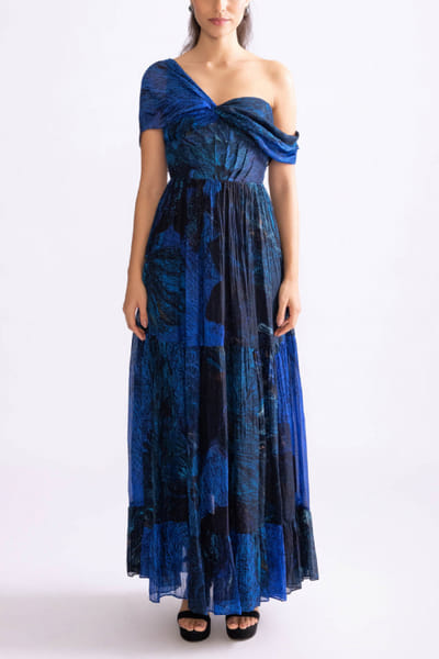 Blue floral printed tiered off-shoulder dress