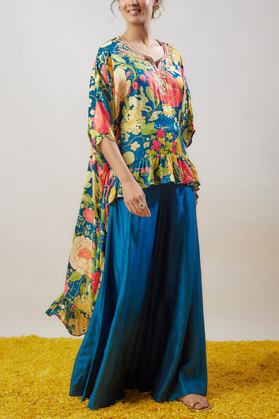 Blue floral printed top and flared pants