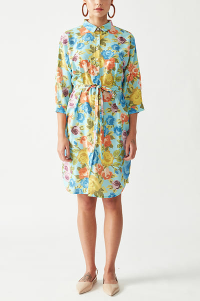 Blue floral printed tunic dress