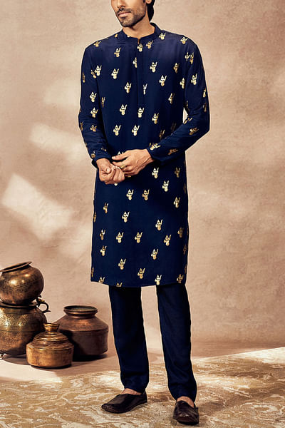 Blue Ganesha foil printed kurta set