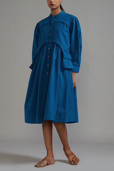 Blue gathered buttoned dress
