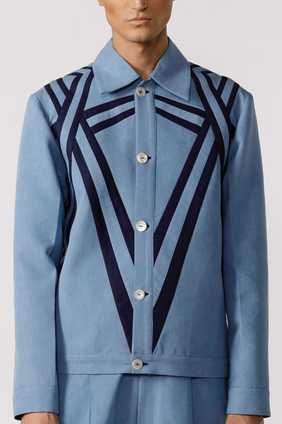Blue geometric denim bomber jacket