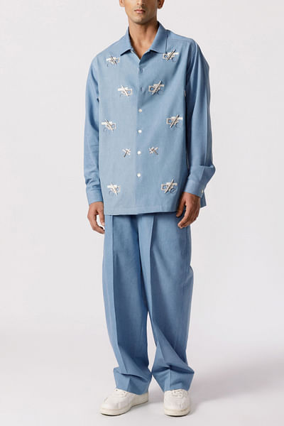 Blue geometric embroidery shirt