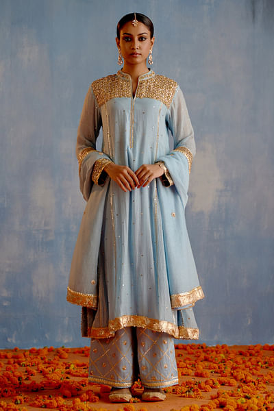 Blue gota and mukaish work anarkali set