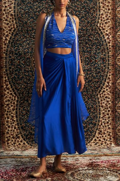 Blue gota embroidered jacket skirt set