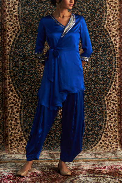 Blue gota embroidered wrap kurta set