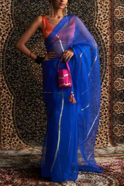Blue gota embroidery sari set
