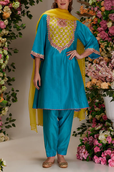Blue gota work kalidar kurta set