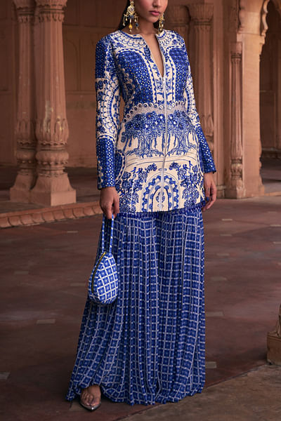 Blue grid printed gharara set