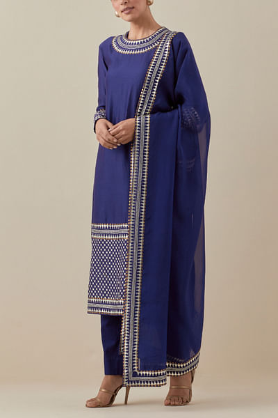 Blue hand embroidered kurta set