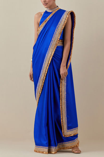 Blue hand embroidered sari set