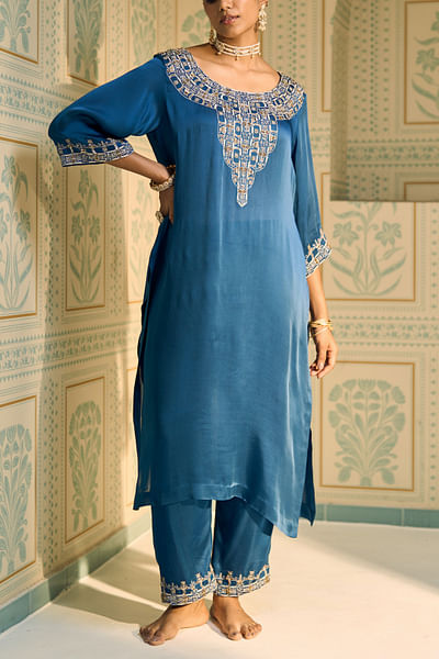 Blue hand embroidery kurta set