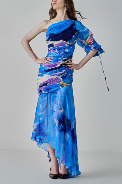 Blue ikat printed asymmetric gown