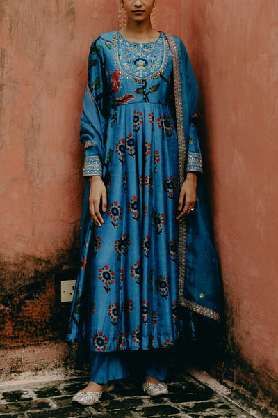 Blue kalamkari printed anarklai set