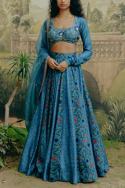 Blue kalamkari printed lehenga set