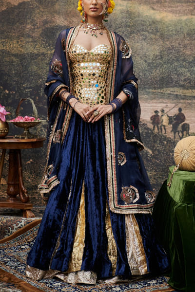 Blue lampi work lehenga and mirror corset set
