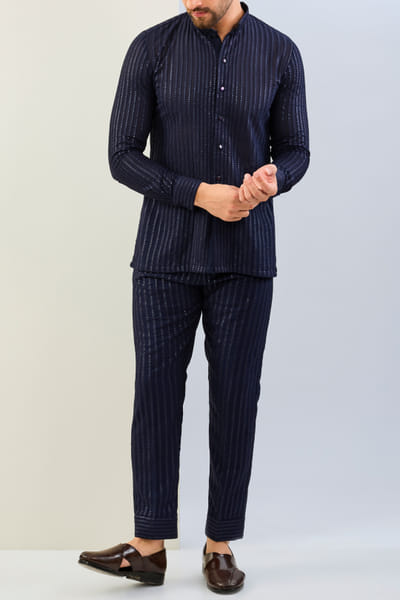 Blue linear sequin embroidered co-ords