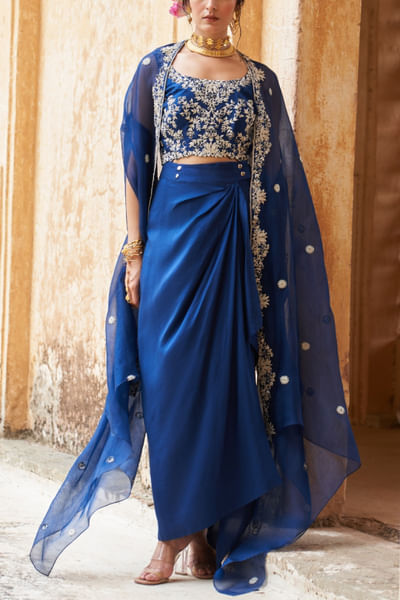 Blue lotus embroidered cape set
