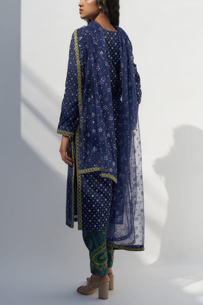Blue mirror and badla embroidery dupatta