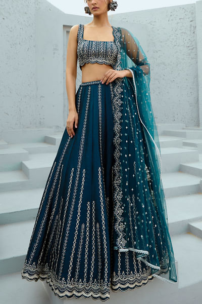 Blue mirror embellished lehenga set